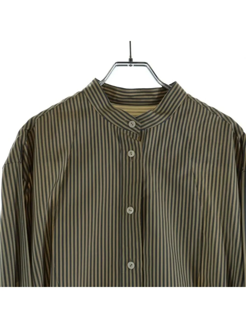 Louis Vuitton 24 SS Stripe Stand Collar Silk Long Sleeve Shirt Blouse Gold Gray